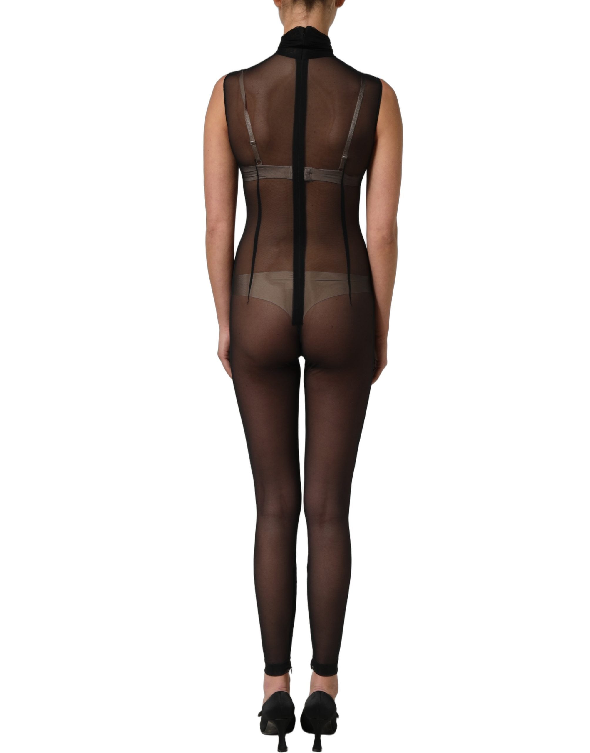 Dolce & Gabbana Black Sheer Mesh Jumpsuit Turtleneck Dress