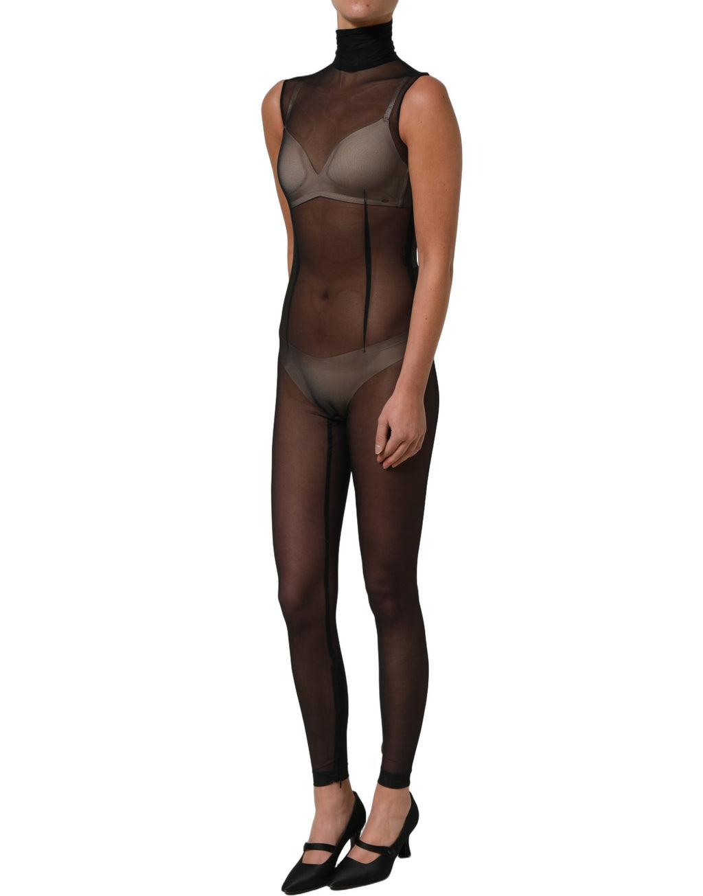 Dolce & Gabbana Black Sheer Mesh Jumpsuit Turtleneck Dress