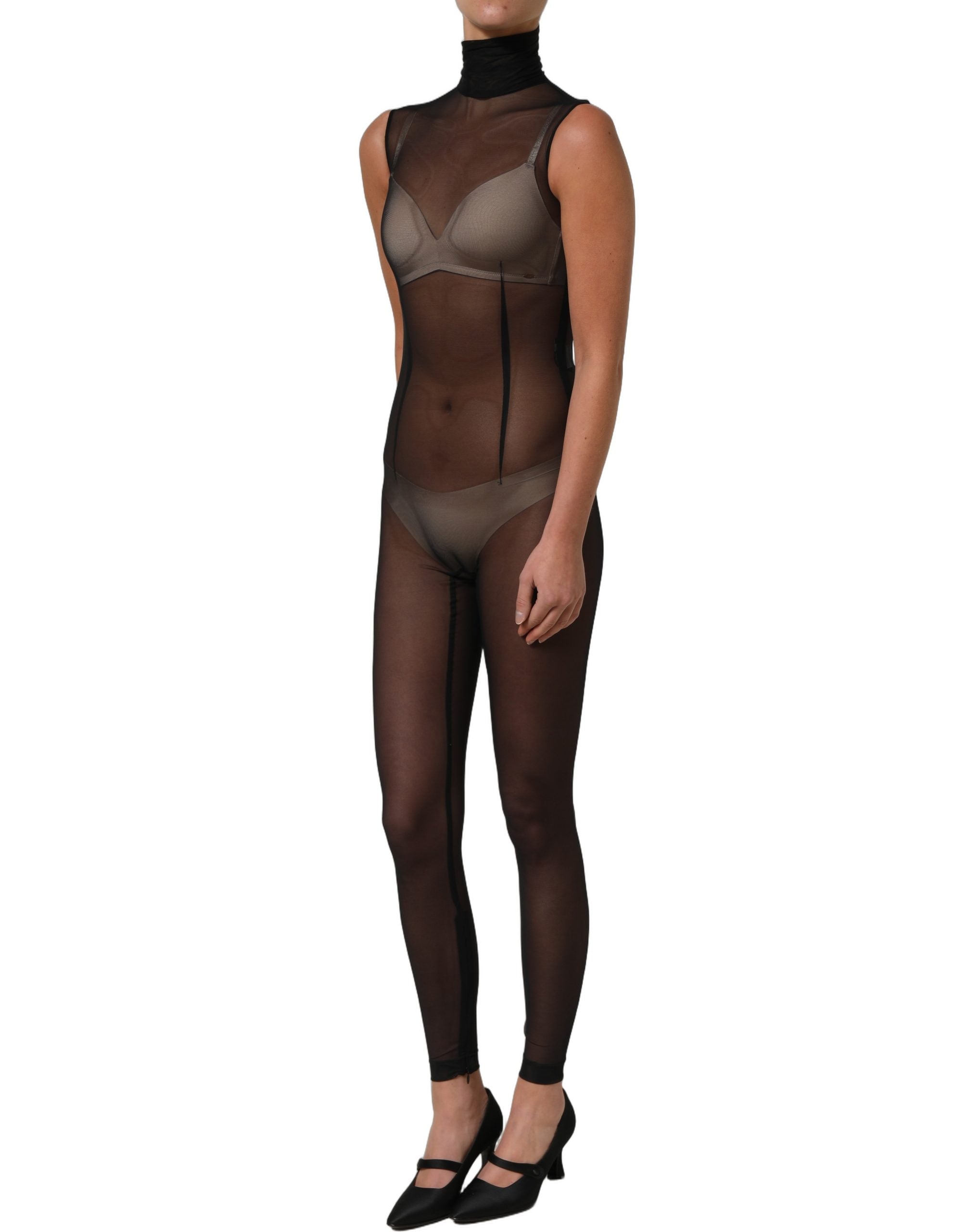 Dolce & Gabbana Black Sheer Mesh Jumpsuit Turtleneck Dress