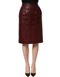 Dolce & Gabbana Burgundy Leather High Waist Pencil Midi Skirt