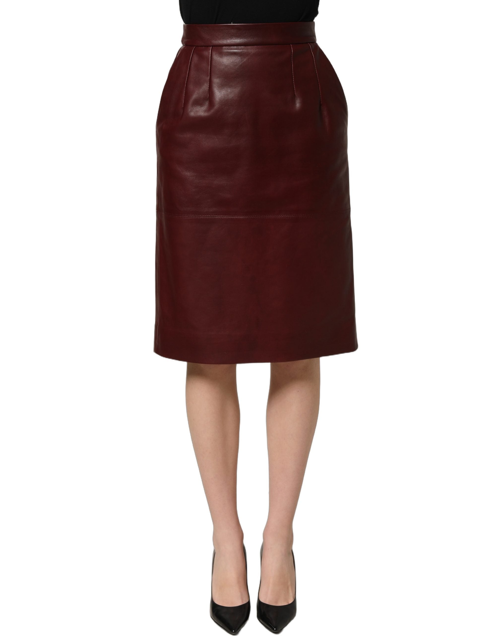 Dolce & Gabbana Burgundy Leather High Waist Pencil Midi Skirt