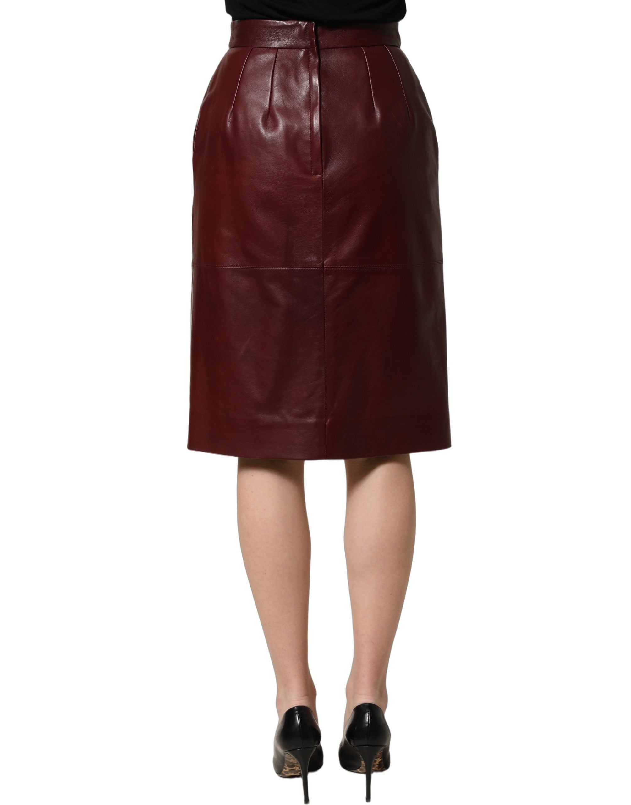 Dolce & Gabbana Burgundy Leather High Waist Pencil Midi Skirt