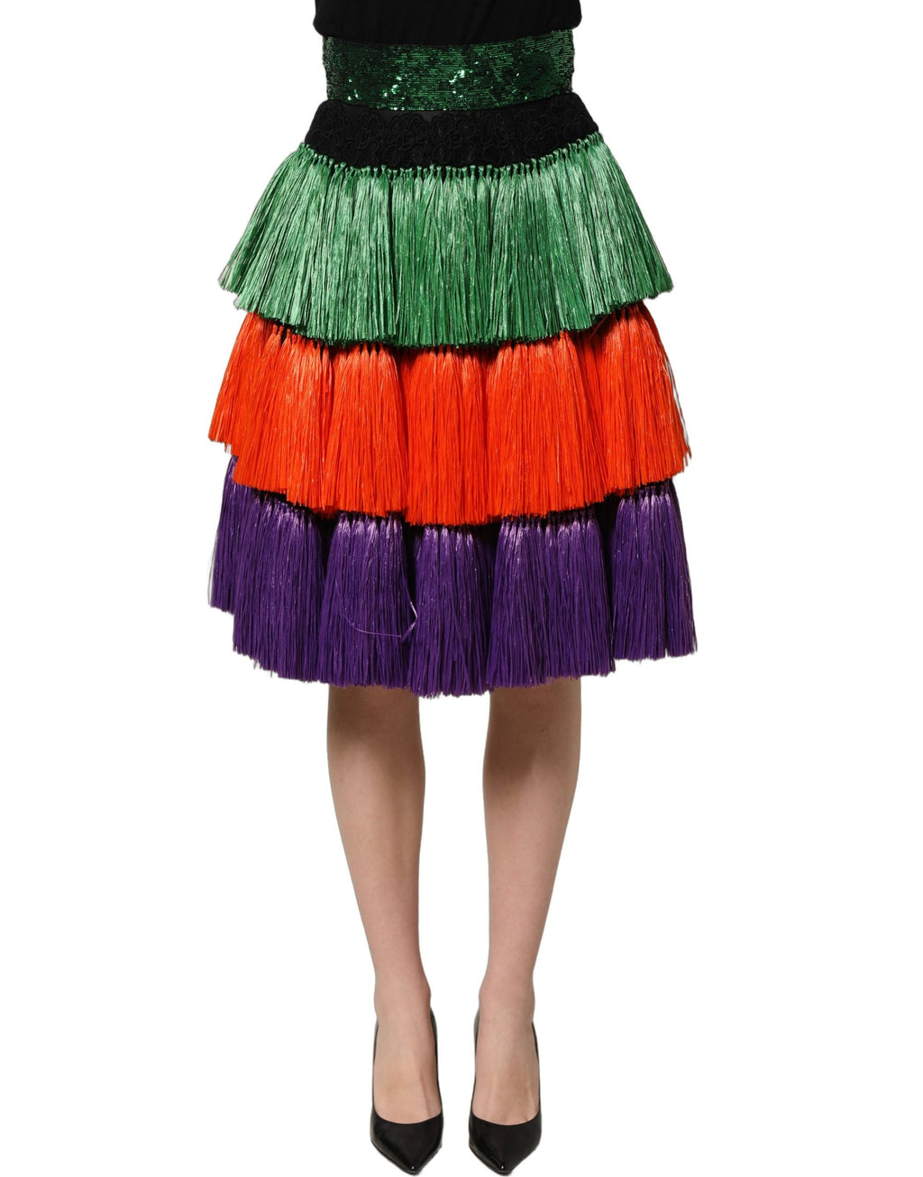 Dolce & Gabbana Multicolor Fringed High Waist Knee Length Skirt