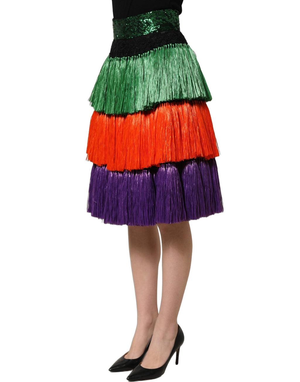 Dolce & Gabbana Multicolor Fringed High Waist Knee Length Skirt