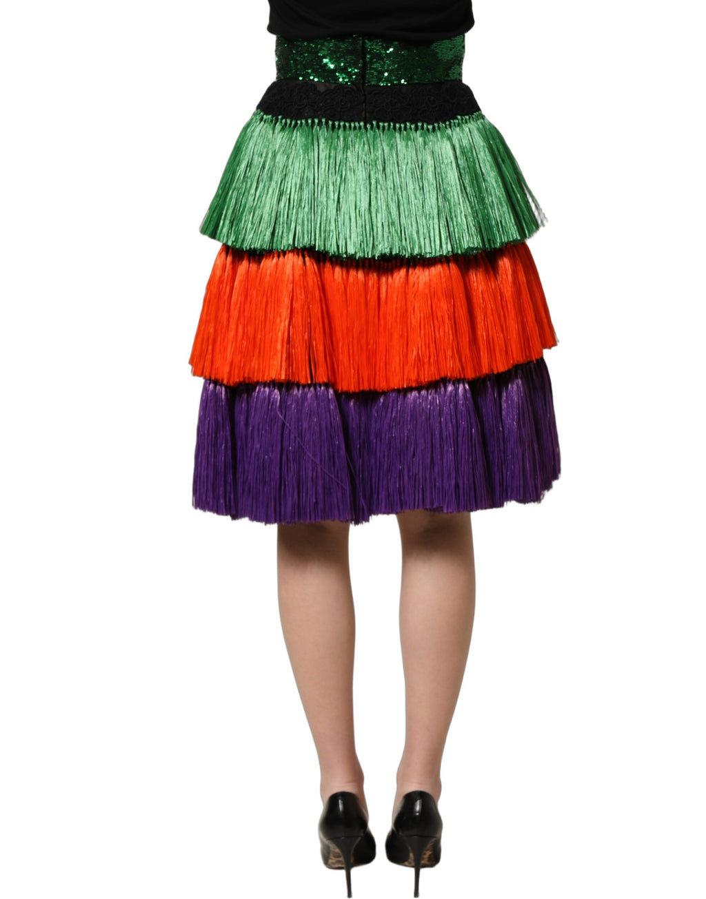 Dolce & Gabbana Multicolor Fringed High Waist Knee Length Skirt