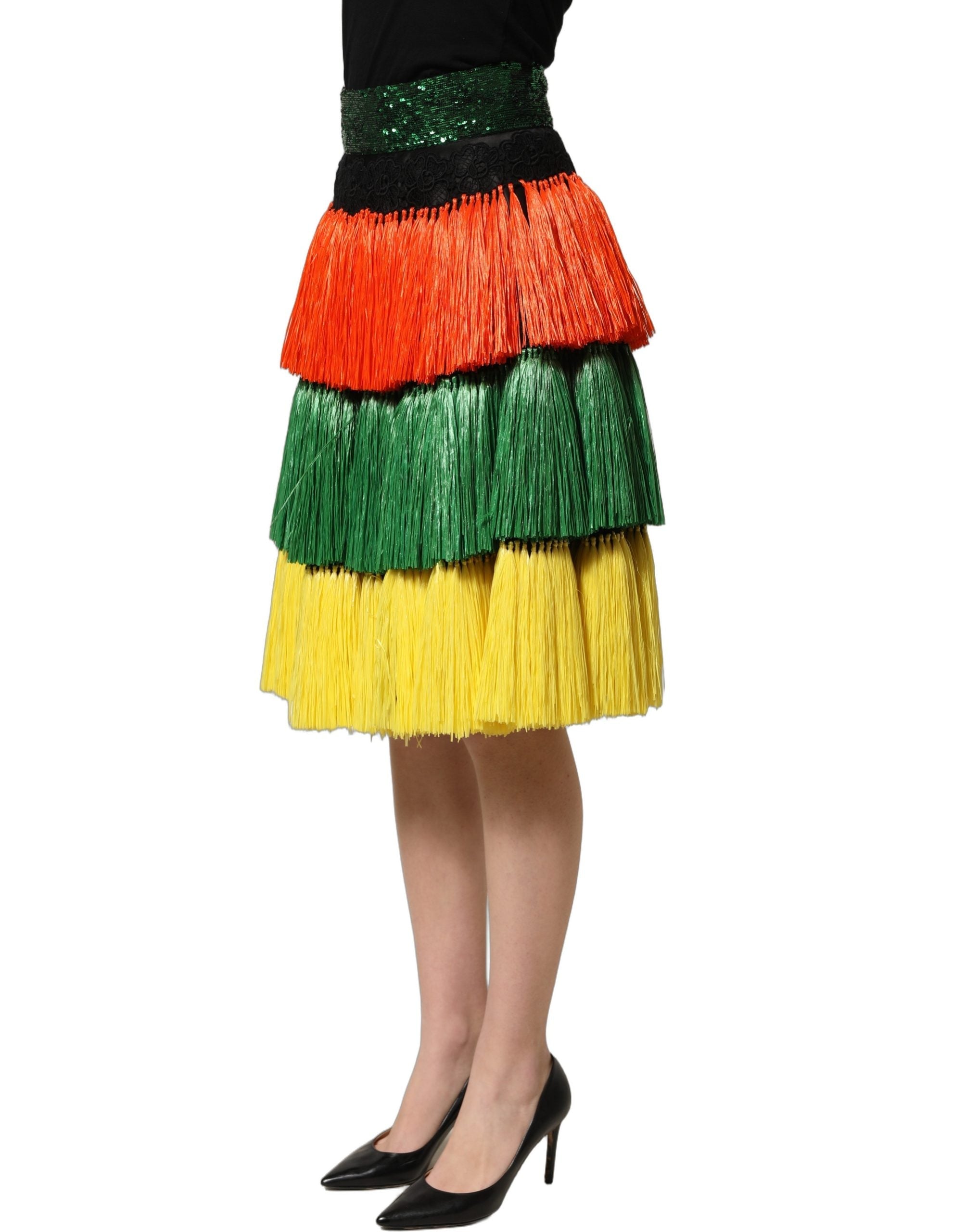 Dolce & Gabbana Multicolor Fringe Sequin High Waist Knee Length Skirt