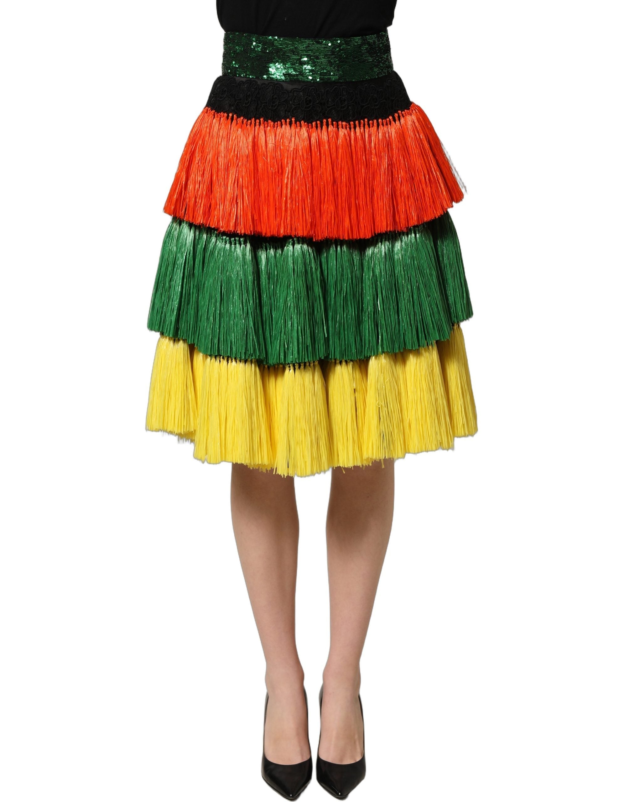 Dolce & Gabbana Multicolor Fringe Sequin High Waist Knee Length Skirt