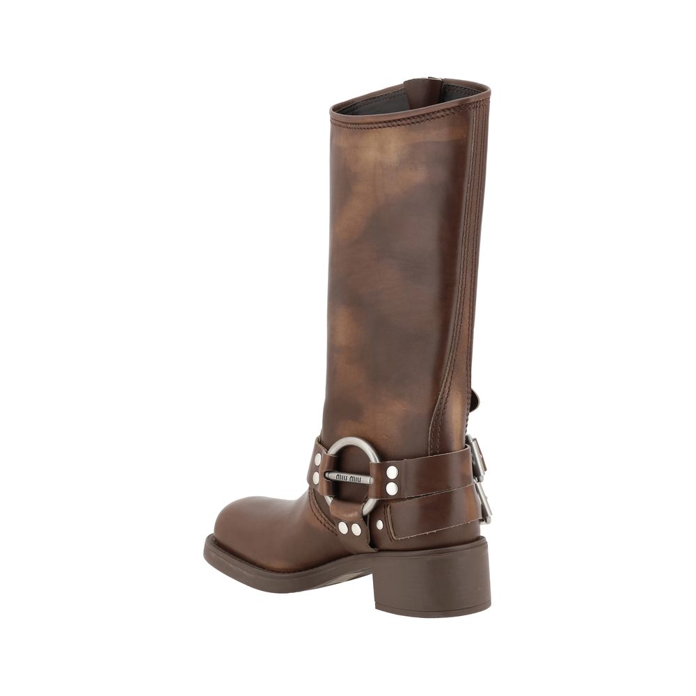 Miu Miu Brown Calf Leather Bos Taurus Lace-Up Boots