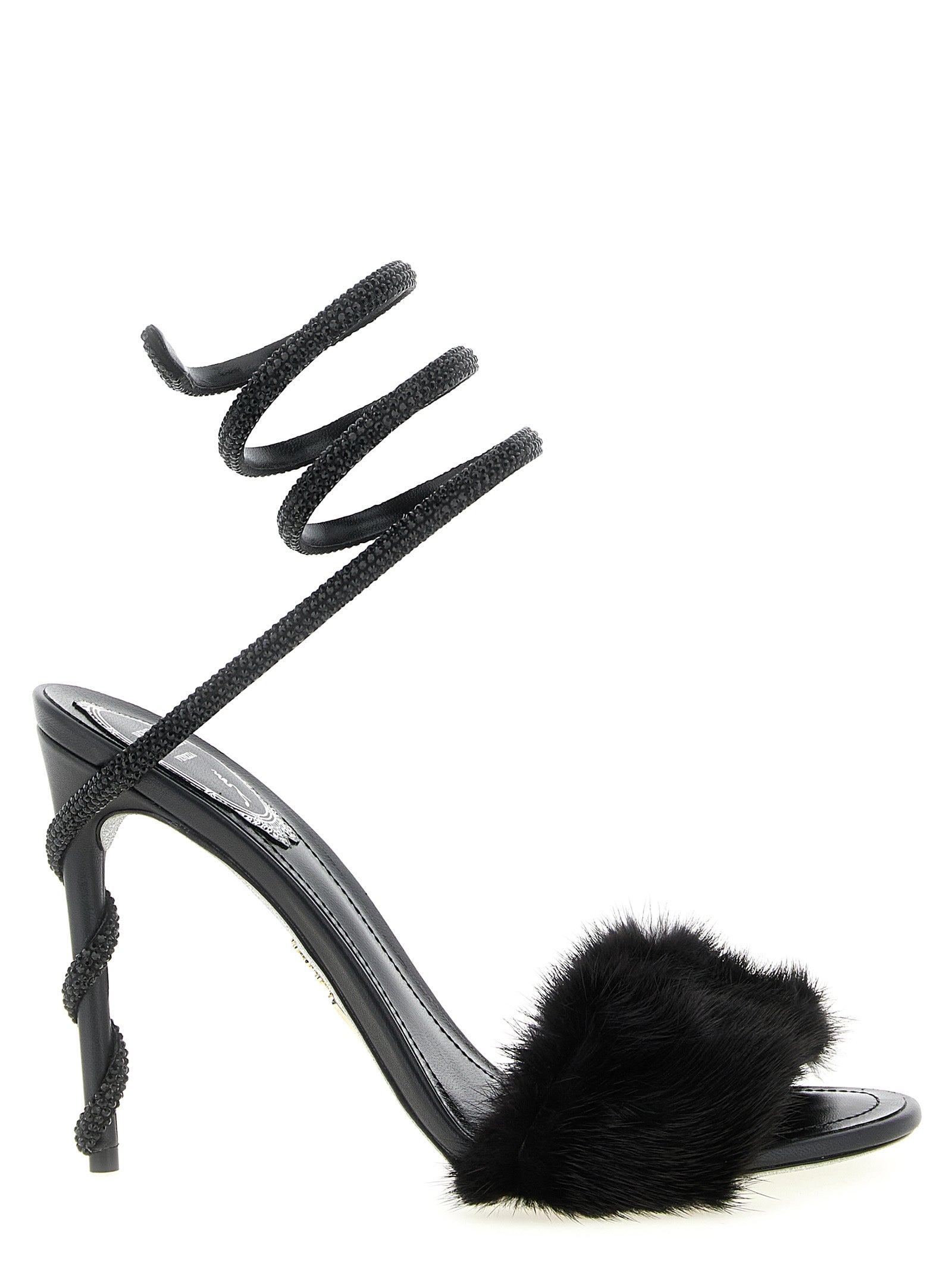 RENE CAOVILLA Black Leather Stiletto Heel Sandals