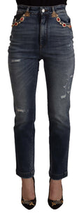 Dolce & Gabbana Blue Denim Crystal Embellished Pants Jeans