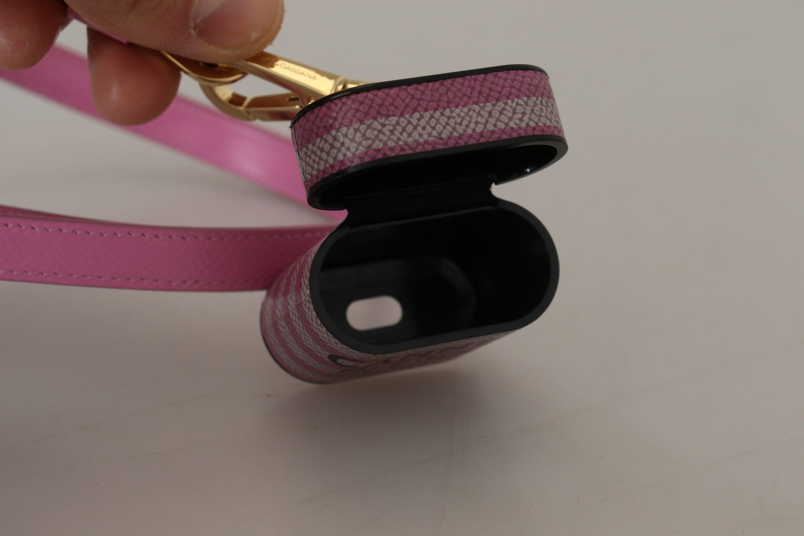 Dolce & Gabbana Pink Black Leather Strap Gold Metal Logo Airpods Case