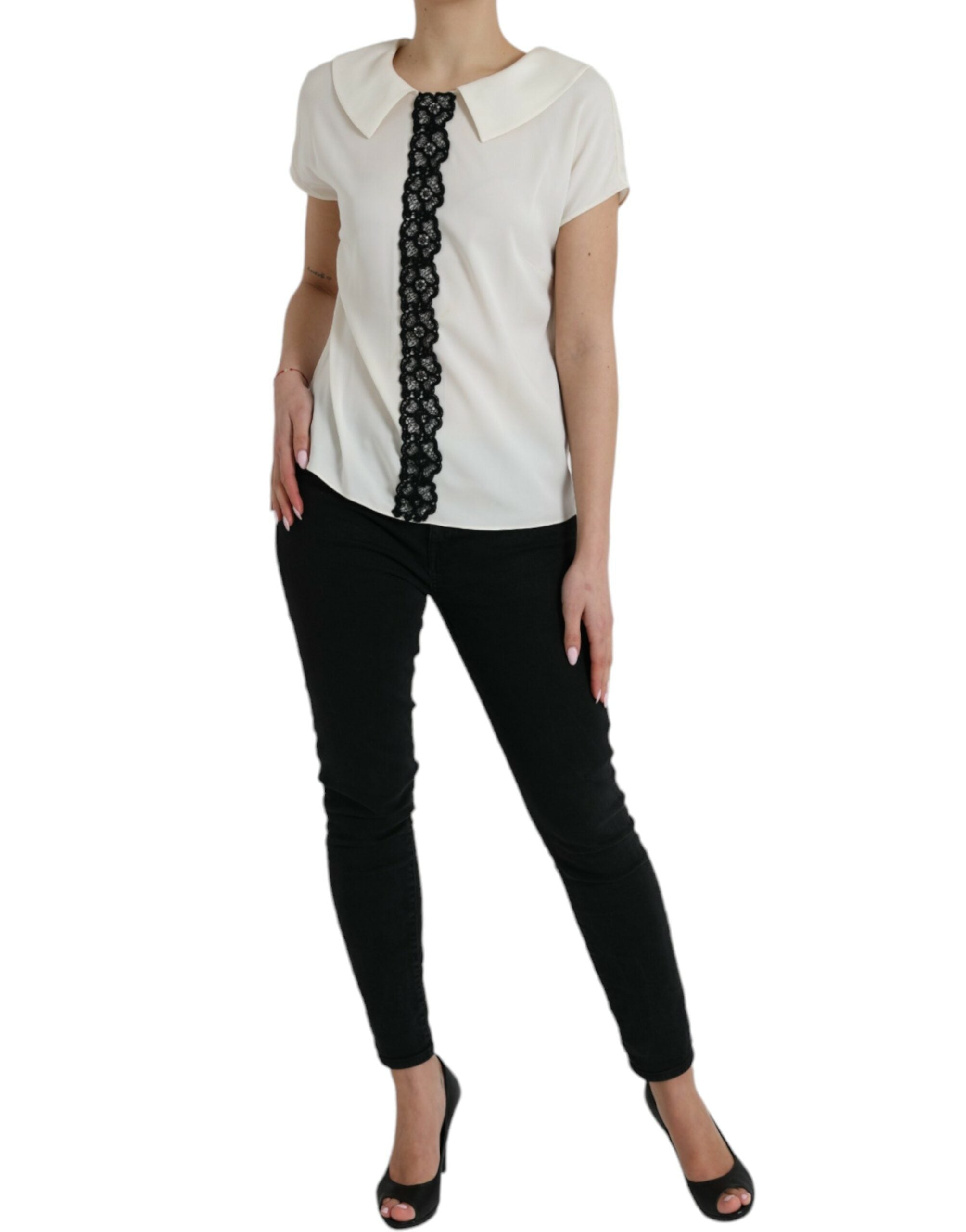 Dolce & Gabbana Off White Silk Lace Trim Short Sleeves Top