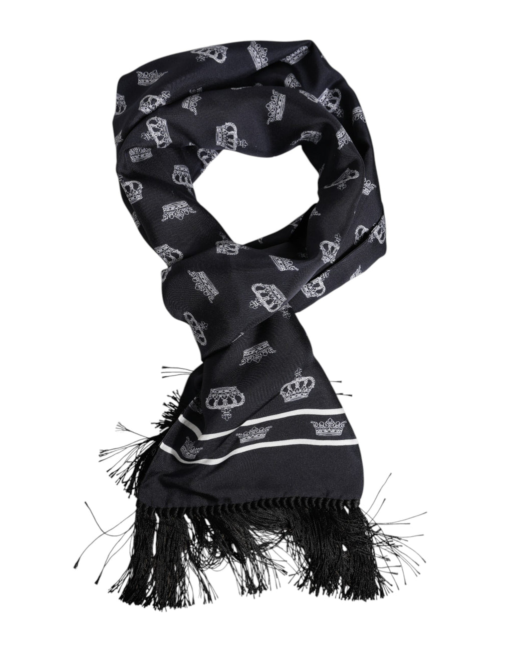 Dolce & Gabbana Black Silk Crown Fringes Men Foulard Scarf Dolce & Gabbana