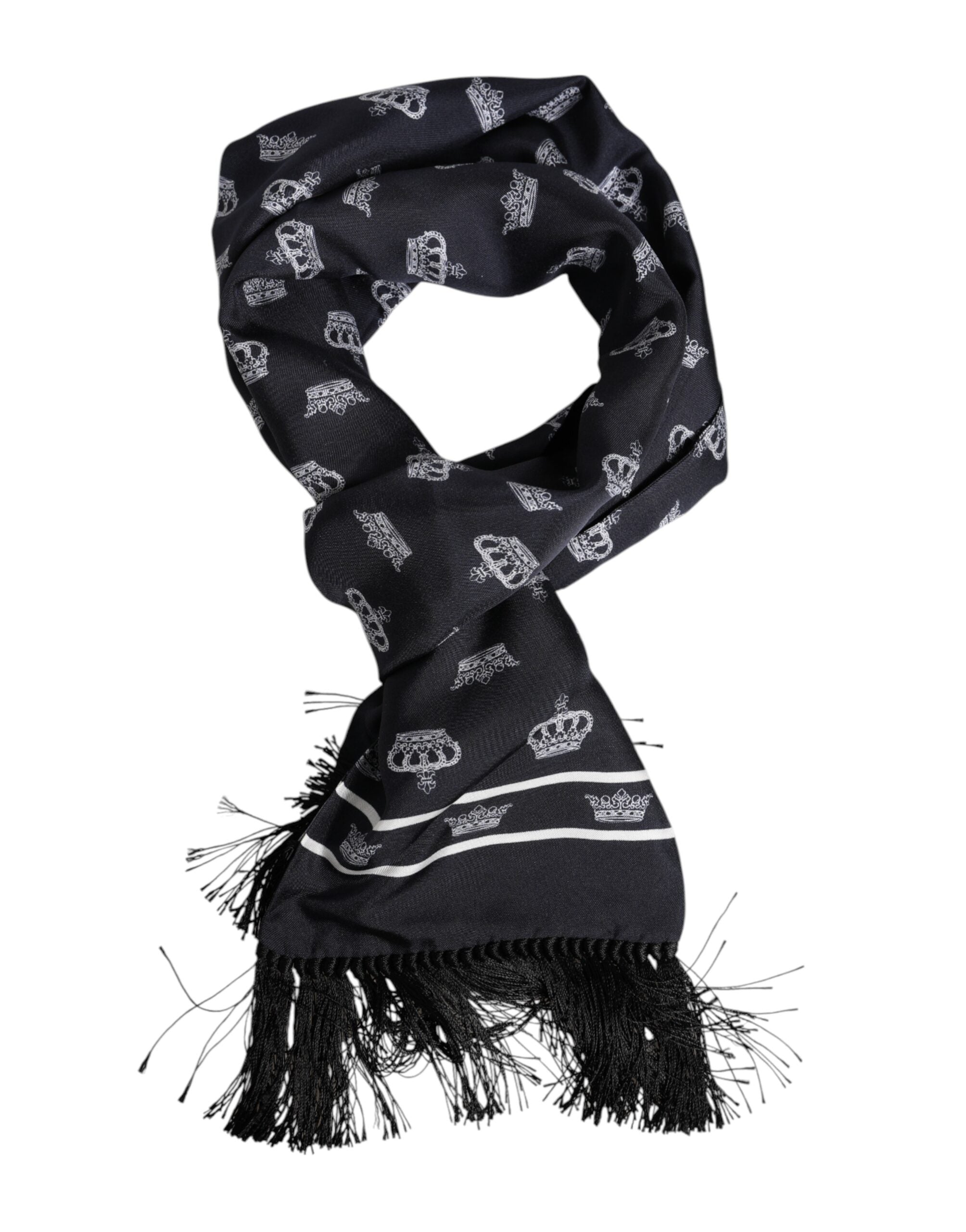 Dolce & Gabbana Black Silk Crown Fringes Men Foulard Scarf Dolce & Gabbana