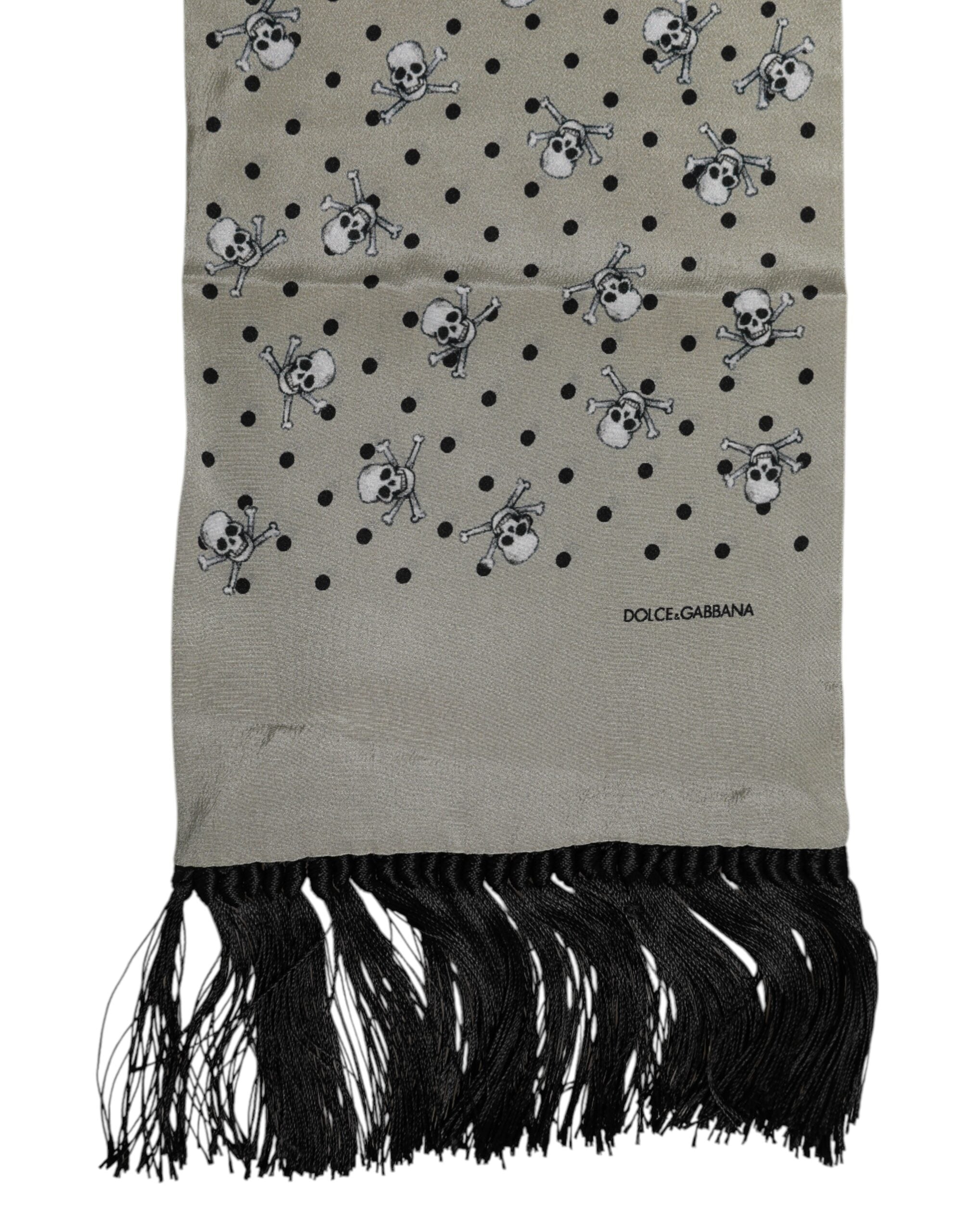 Dolce & Gabbana Gray Skulls Silk Fringes Men Foulard Scarf Dolce & Gabbana