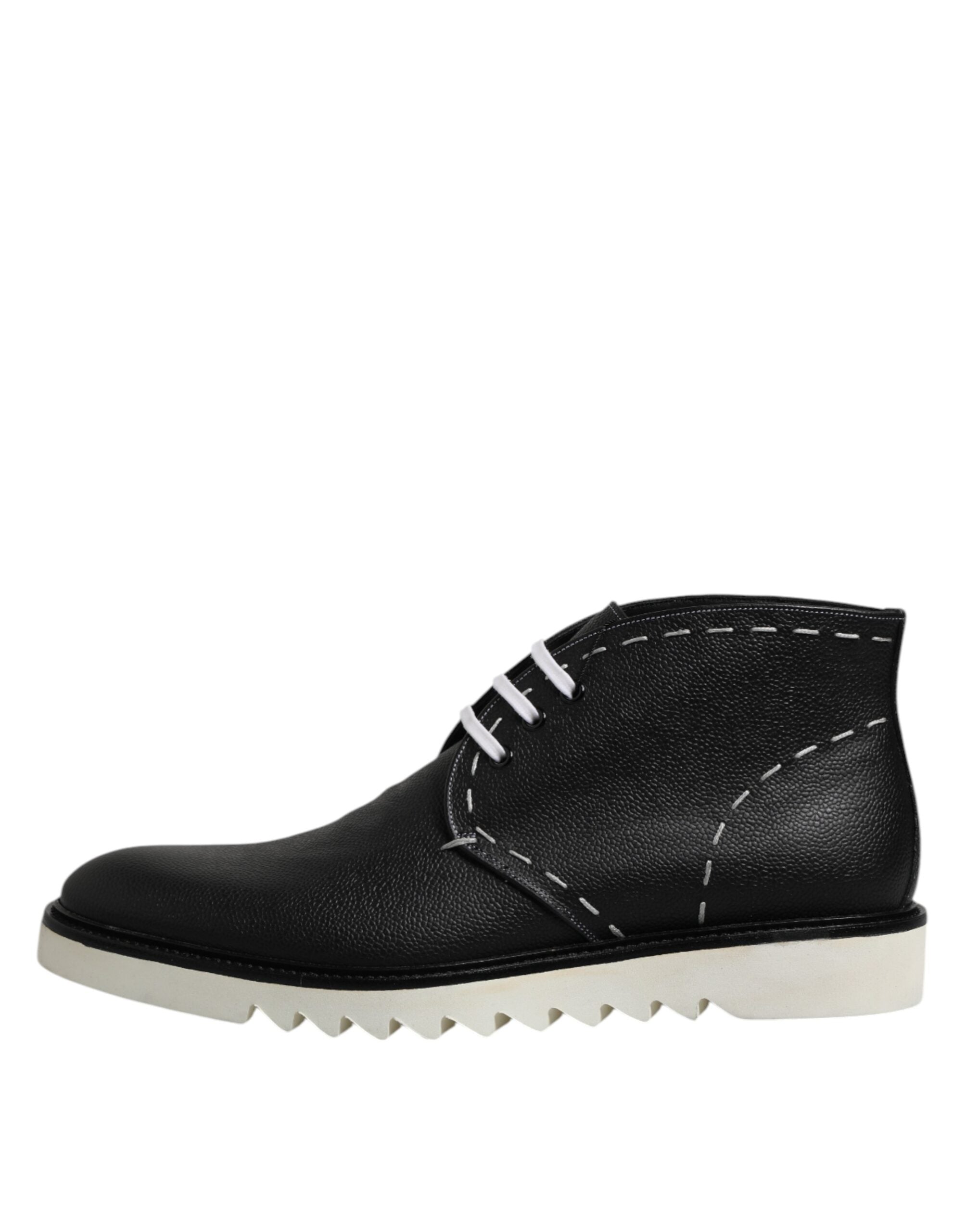 Dolce & Gabbana Black White Leather Ankle Boots Shoes Dolce & Gabbana