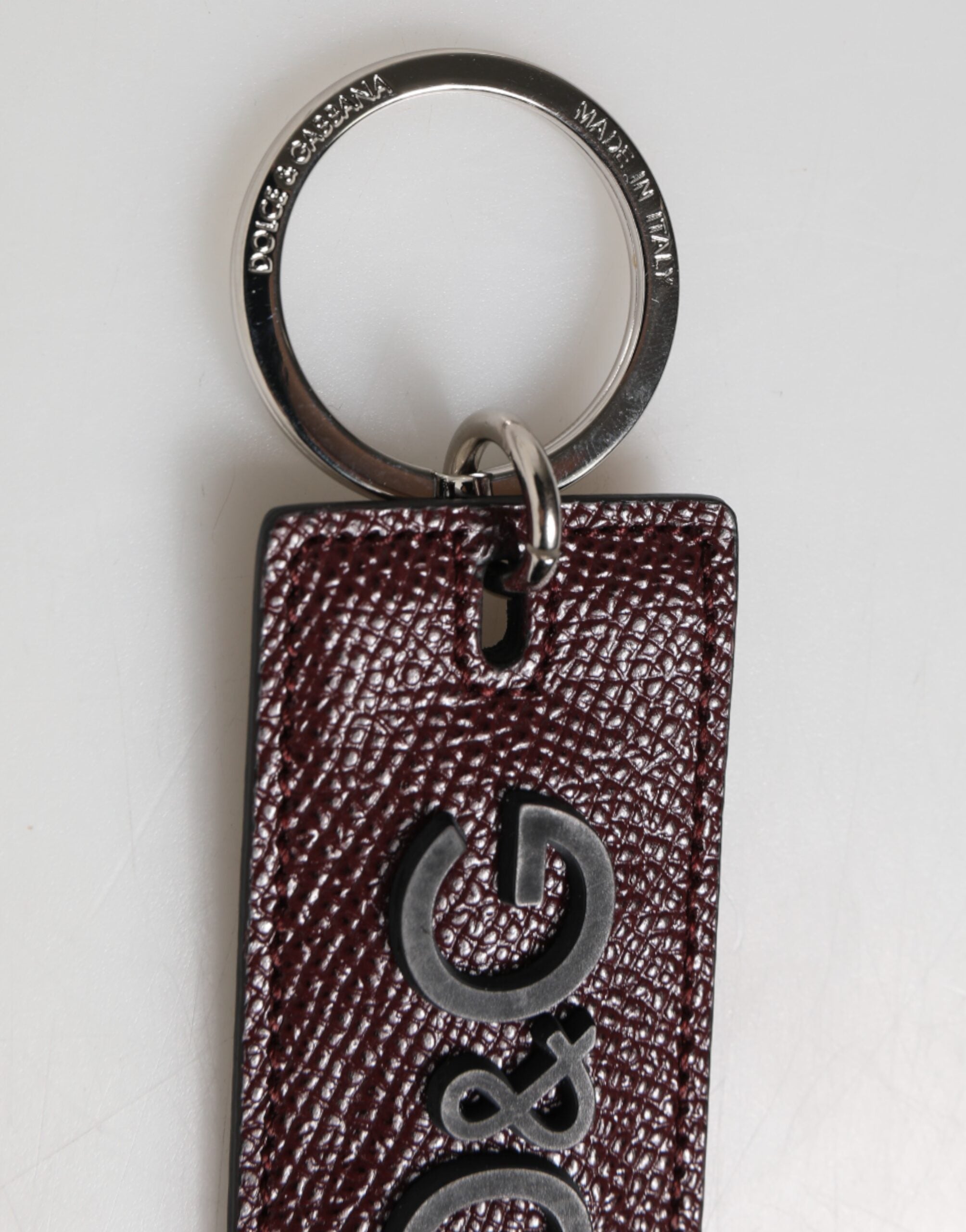 Dolce & Gabbana Bordeaux Leather Logo Metal Ring Men Keychain Keyring