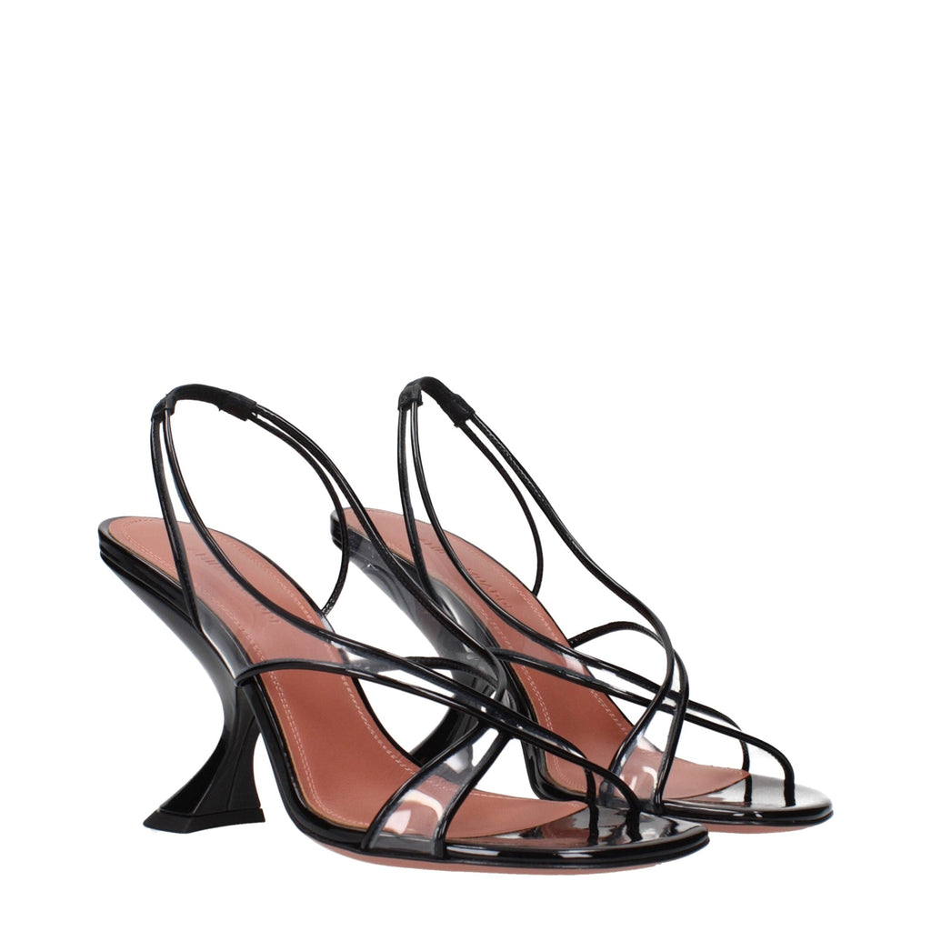 Amina Muaddi Black Leather Stiletto Heel Sandals