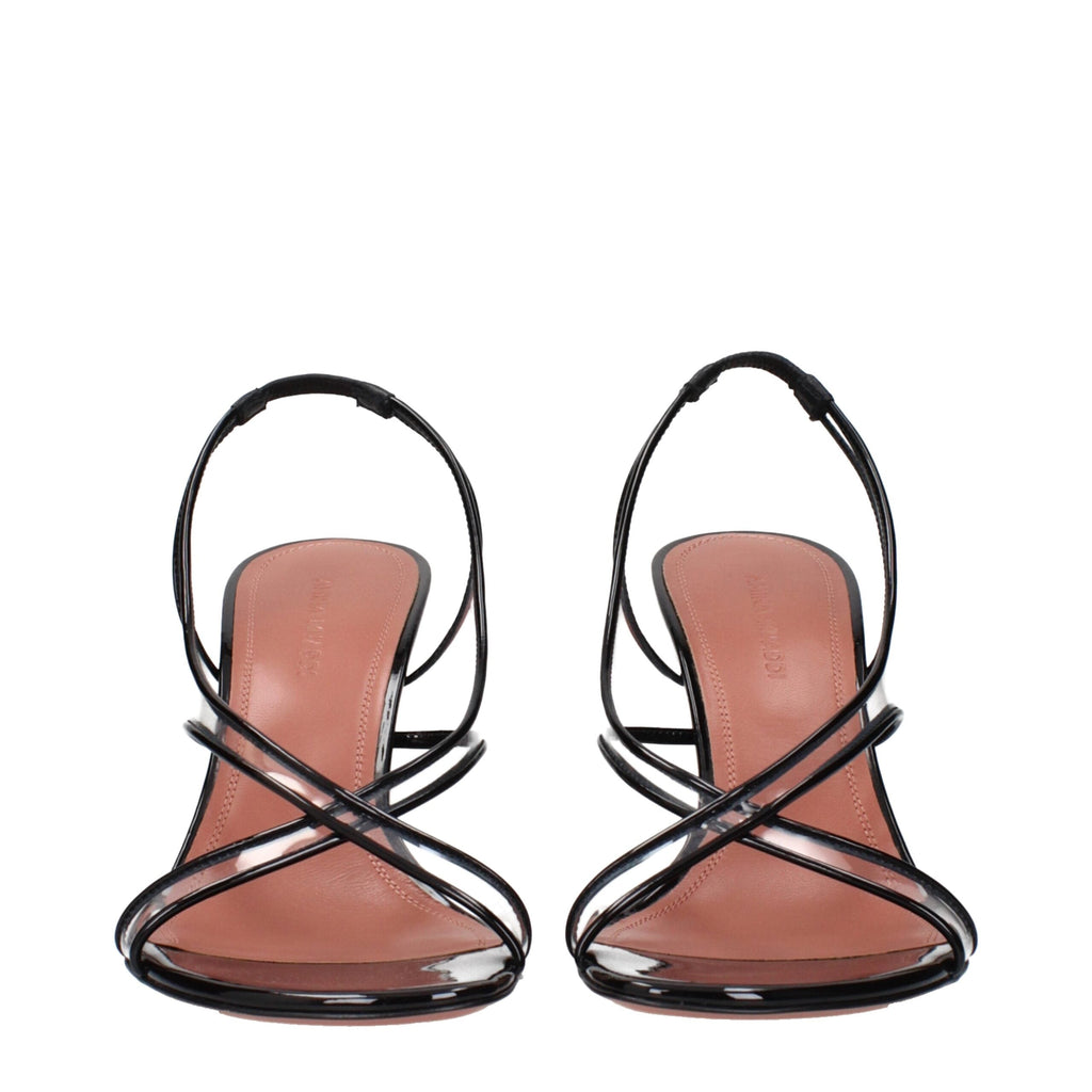 Amina Muaddi Black Leather Stiletto Heel Sandals