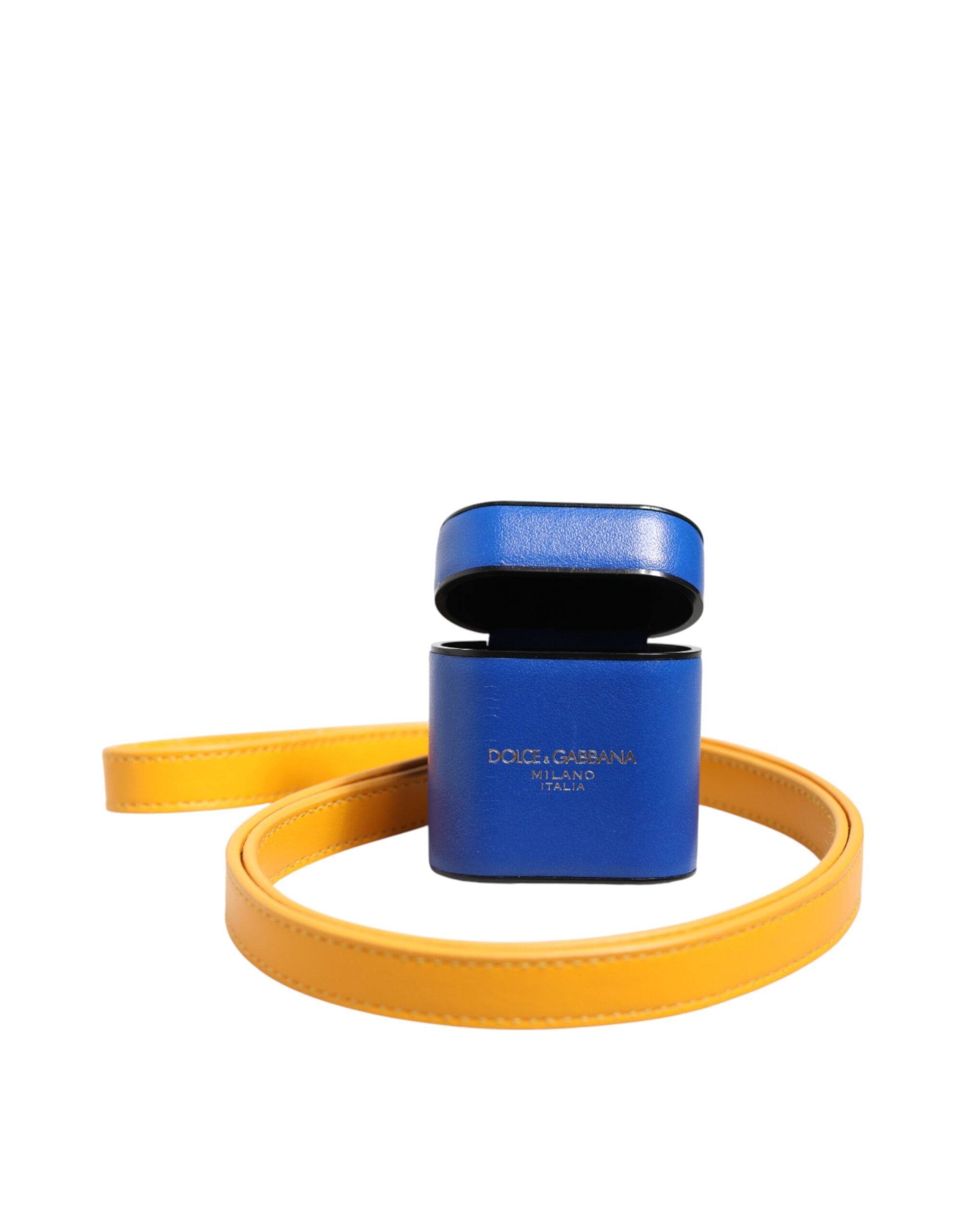 Dolce & Gabbana Blue Yellow Calfskin Leather Logo Strap Men Airpods Case