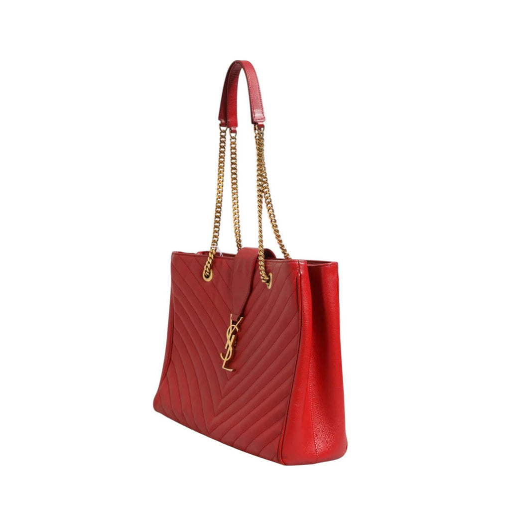 Saint Laurent Red Chevron Quilted Grained Leather Monogram Tote Bag