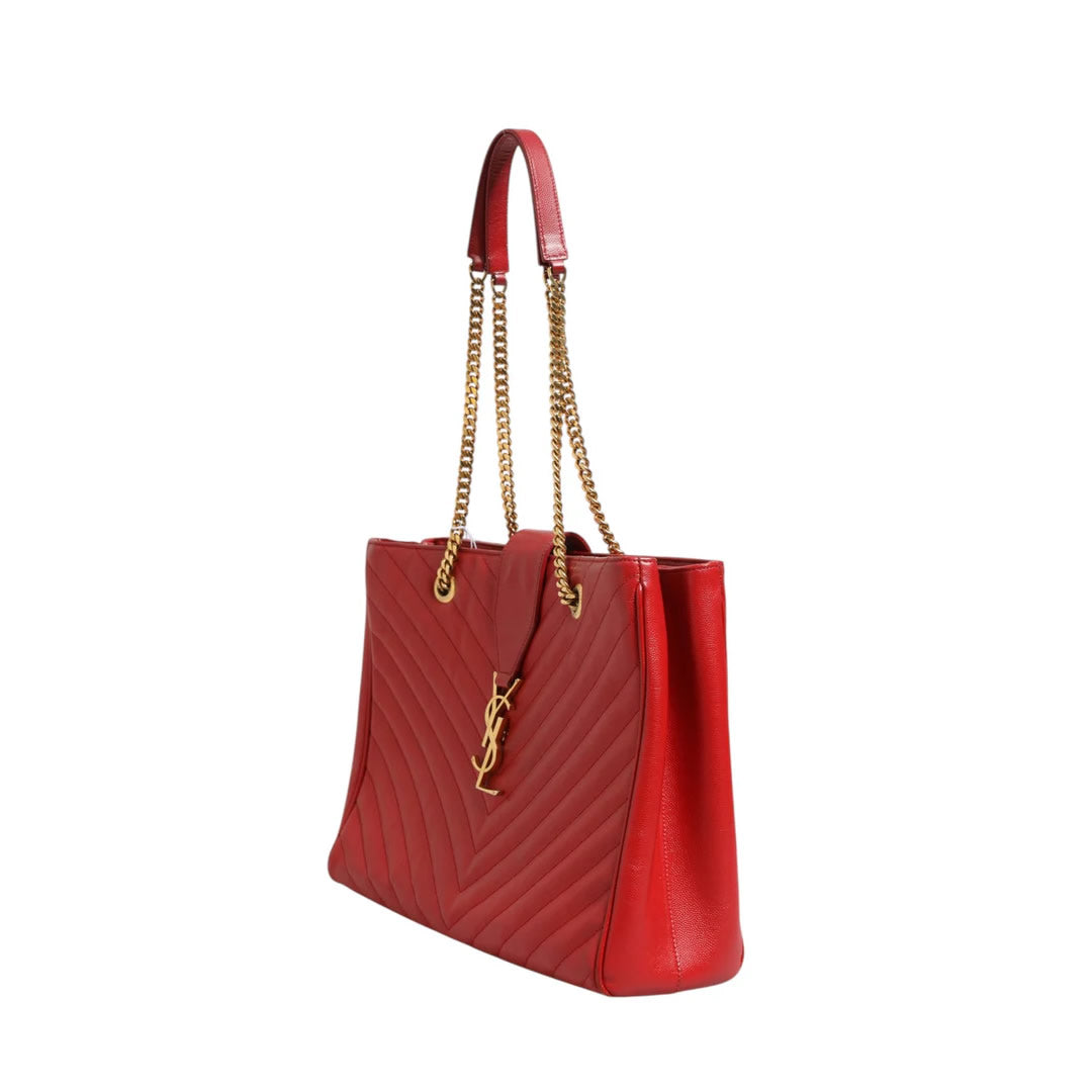 Saint Laurent Red Chevron Quilted Grained Leather Monogram Tote Bag